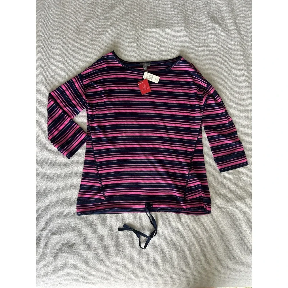 NWT Talbots Women Pink Blue Striped 3/4 Sleeve Tie Waist Top Size Small Petite - Picture 3 of 5